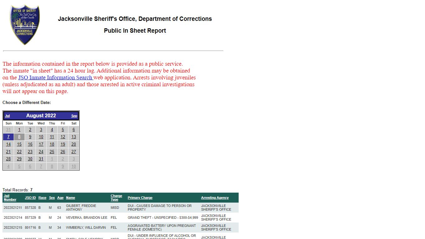 JSO Inmate Information Search